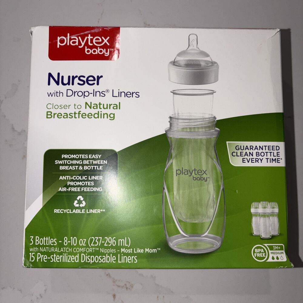 Playtex Baby Nurser Bottles With Drop-Ins Liners 3 Pack Bottle 15 Liners 8-10 oz
